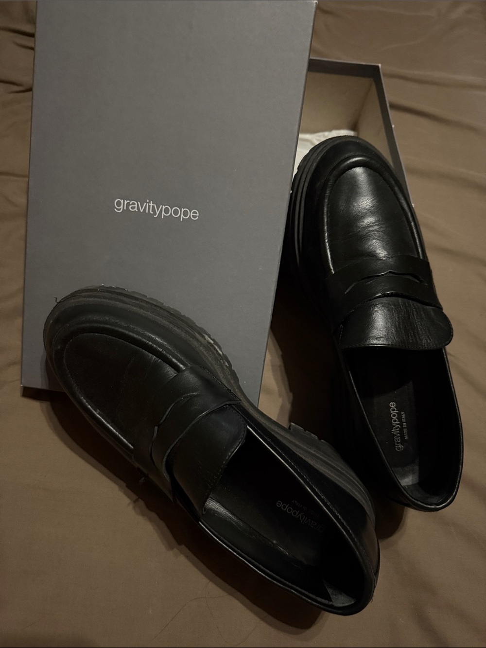 Gravity pope Black Leather Penny Loafers for women